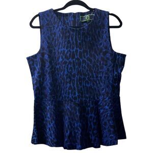C. Wonder Black & Blue Leopard Print Peplum Top Large